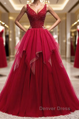 Red V Neck Long Prom Dresses with Corset Back, Red Floor Length Prom Gown, Evening Dresses