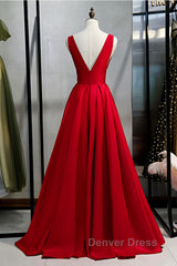 Red v neck satin long prom Dresses simple red evening Dresses