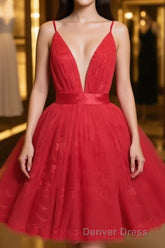 Red v neck tulle lace short prom Dresses,Mini homecoming Dresses cocktail Dresses