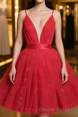 Red v neck tulle lace short prom Dresses,Mini homecoming Dresses cocktail Dresses