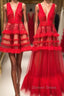 Red v neck tulle long prom Dress, red tulle Prom Dresses