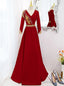 Red Velvet V Neck Long Sleeve Gold Beading Prom Dresses