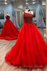 Blue Beaded One-Shoulder A-Line Long Prom Dresses