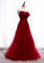 Burgundy Lace Long Prom Dress, A Line Spaghetti Strap Prom Dresses