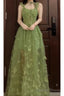 Retro A Line Spaghetti Straps Ankle Length Green Lace Prom Dresses Birthday Outfits