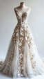 Retro A-Line V-Neck Tulle 3D Applique Wedding Dress Simple Beaded Ball Gown