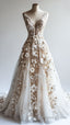 Retro A Line V Neck Tulle 3D Applique Wedding Dresses Simple Beaded Ball Gowns