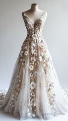 Retro A-Line V-Neck Tulle 3D Applique Wedding Dress Simple Beaded Ball Gown