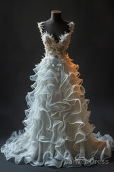 Retro Ball Gown Straps Neckline Organza White Long Ruffles Wedding Dresses