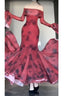 Retro Mermaid Off The Shoulder Floral Red Long Sleeves Prom Dresses Birthday Outfits