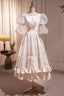 Retro Scoop Neck Lace Tea length Prom Dress, A Line Puffy Short Sleeve Prom Dresses