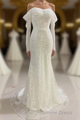 Ivory Mermaid Sequined Prom Dresses with Long Sleeves, Sparkly Long Party Dresses