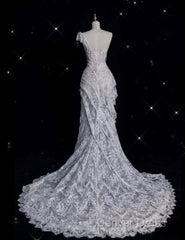 Romantic High Low One Shoulder Lace White Long Wedding Dresses