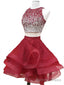 Round Neck 2 Pieces Short Burgundy Beaded Prom Dress, Two Pieces Short Burgundy Prom Homecoming Dresses