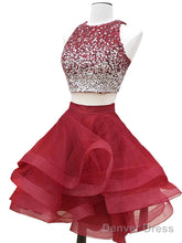 Round Neck 2 Pieces Short Burgundy Beaded Prom Dress, Two Pieces Short Burgundy Formal Homecoming Dresses