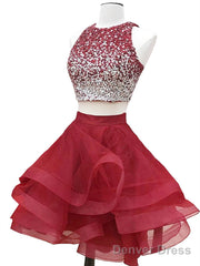 Round Neck 2 Pieces Short Burgundy Beaded Prom Dress, Two Pieces Short Burgundy Formal Homecoming Dresses