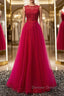 Round Neck Burgundy Beaded Prom Dress, Wine Red Beaded Prom Bridesmaid Dresses