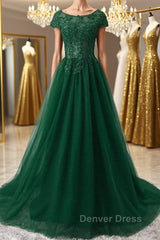 Round Neck Cap Sleeves Lace Long Prom Dresses,Tulle Lace Formal Evening Dresses