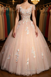 Round Neck Cap Sleeves Lace Pink Long Prom Dresses, Pink Lace Formal Dresses, Pink Evening Dresses, Ball Gown