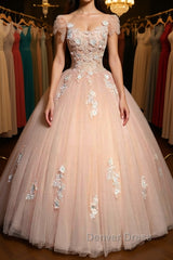 Round Neck Cap Sleeves Lace Pink Long Prom Dresses, Pink Lace Formal Dresses, Pink Evening Dresses, Ball Gown