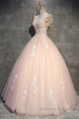 Round Neck Cap Sleeves Lace Pink Long Prom Dresses, Pink Lace Formal Dresses, Pink Evening Dresses, Ball Gown