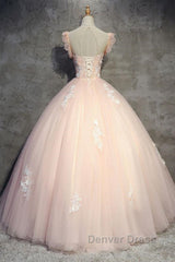 Round Neck Cap Sleeves Lace Pink Long Prom Dresses, Pink Lace Formal Dresses, Pink Evening Dresses, Ball Gown