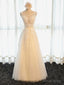 Round Neck Champagne Lace Prom Dress, Champagne Lace Prom Bridesmaid Dresses
