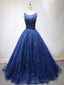 Round Neck Dark Navy Blue Long Prom Dress with Corset Back, Navy Blue Prom Dresses