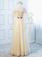 Round Neck Floral Champagne Long Prom Dresses with Corset Back, Champagne Long Formal Bridesmaid Dresses