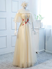 Round Neck Floral Champagne Long Prom Dresses with Corset Back, Champagne Long Formal Bridesmaid Dresses