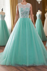 Round Neck Green Lace Tulle Long Prom Dresses, Green Lace Formal Dresses, Green Evening Dresses