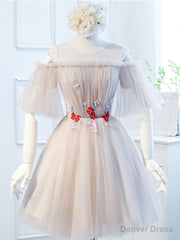 Round Neck Half Sleeves Short Pink Prom Dresses, Half Sleeves Short Pink Graduation Bridesmaid Dresses