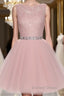 Round Neck Lace Short Pink Prom Dress, Pink Homecoming Dress, Short Pink Prom Dresses