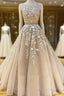 Round Neck Long Champagne Lace Wedding Dress, Champagne Lace Prom Dresses