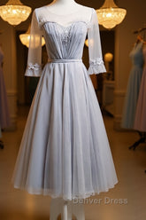 Round Neck Long Sleeves Blue Prom Dresses, Long Sleeves Blue Formal Bridesmaid Evening Dresses