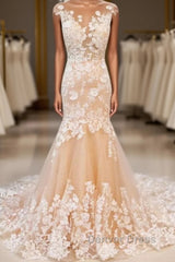 Round Neck Mermaid Champagne Lace Long Prom Dresses, Mermaid Champagne Formal Dresses, Champagne Lace Evening Dresses