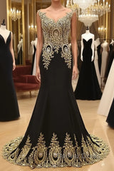 Round Neck Mermaid Lace Applique Black Prom Dresses, Lace Black Formal Dresses