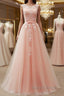Round Neck Pink Lace Long Prom Dress, Pink Lace Bridesmaid Dresses