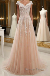 Round Neck Pink Lace Prom Dresses, Pink Lace Formal Evening Dresses