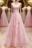 Round Neck Pink Lace Prom Dress, Pink Lace Long Prom Dresses