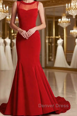 Round Neck Red Prom Dresses, Red Evening Dresses, Red Long Dresses