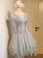 Round Neck Short Gray Lace Prom Dress, Short Grey Lace Homecoming Dresses