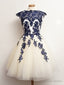 Round Neck Short White And Blue Lace Prom Dress, Short Lace Homecoming Graduation Dresses