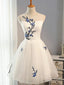 Round Neck Short White Prom Dress, Short White Floral Graduation Homecoming Dresses
