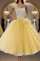 Round Neck Yellow Lace Tulle Prom Dresses, Yellow Lace Short Homecoming Dresses, Yellow Formal Graduation Evening Dresses