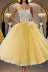 Round Neck Yellow Lace Tulle Prom Dresses, Yellow Lace Short Homecoming Dresses, Yellow Formal Graduation Evening Dresses