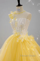 Round Neck Yellow Lace Tulle Prom Dresses, Yellow Lace Short Homecoming Dresses, Yellow Formal Graduation Evening Dresses