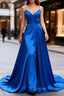 Royal Blue A Line Spaghetti Straps Satin Prom Dresses with Slit