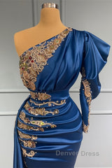Royal Blue Asymmetric One Shoulder Stretch Satin Evening Prom Dresses with Appliques