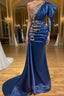 Royal Blue Asymmetric One Shoulder Stretch Satin Prom Dresses with Appliques